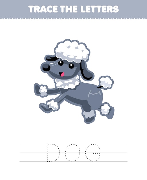 Vetor jogo para crianças traçar a letra de bonito desenho animado cão impressível folha de trabalho de animais de estimação