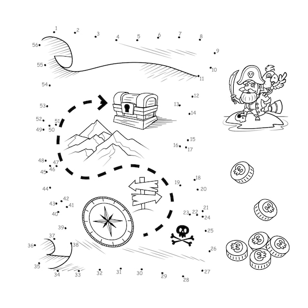 Jogo ponto a ponto desenhar uma linha mapa do tesouro para crianças ficha  de trabalho livro para colorir