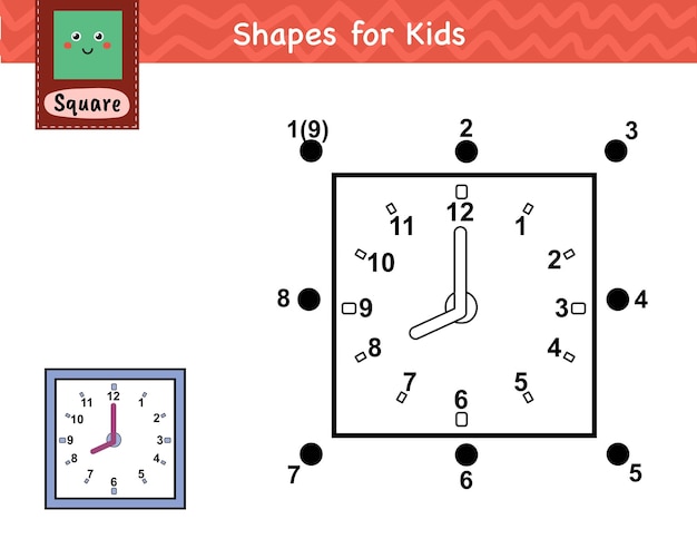 Jogo ponto a ponto para crianças. Ligue os pontos e desenhe um relógio. Aprendendo a página de atividade de forma quadrada