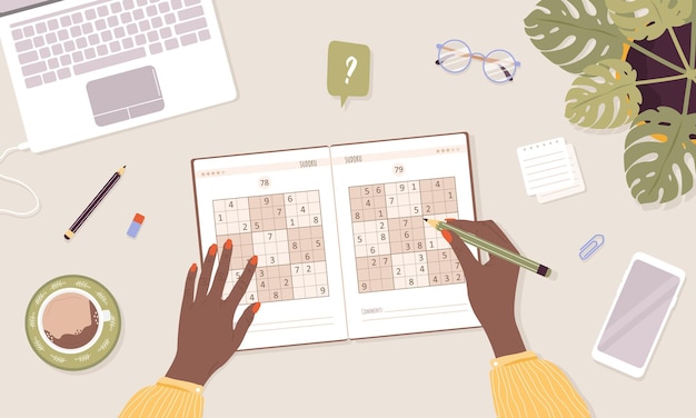 Jogo sudoku conceito de aprendizagem e lazer mulher africana resolve palavras cruzadas