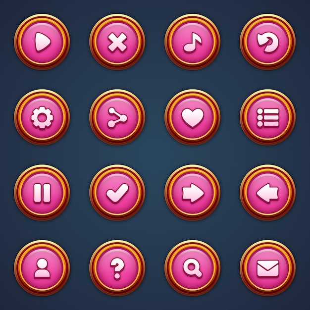 Vetor jogo ui conjunto de botões rosados em estilo de desenho animado gui para construir jogos 2d kit de botões casuais de desenhos animados