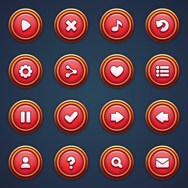 Vetor jogo ui conjunto de botões vermelhos em estilo de desenho animado gui para construir jogos 2d kit de botões casuais de desenhos animados