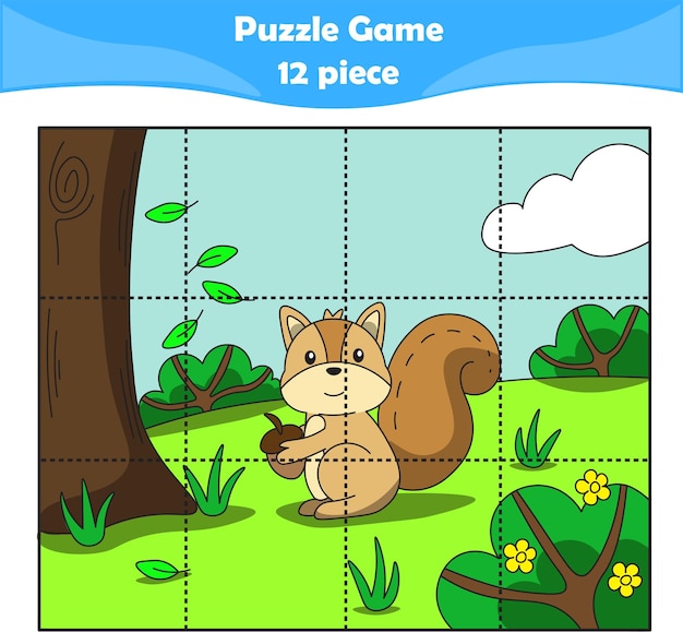Corte e cole o modelo de quebra-cabeça de vetor colorido e aprenda o jogo  infantil com a imagem de um esquilo sentado sob o cogumelo em uma madeira  atividade educacional para crianças
