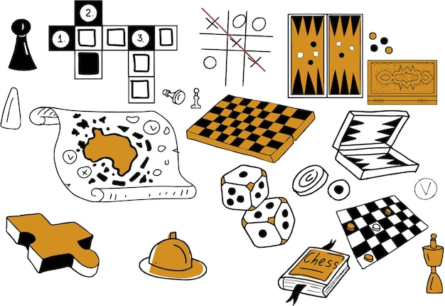 Vetor jogos de tabuleiro fichas cubos cartões dominó doodle esboço ilustração gráfica desenhada à mão