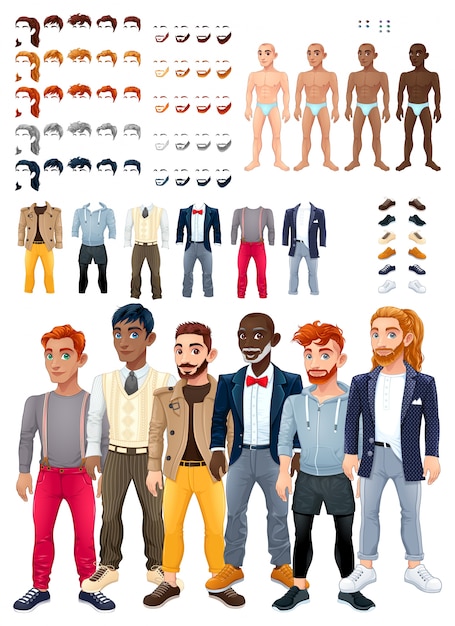 Vetor jogos de vestidos e cabeleireiros com avatares masculinos
