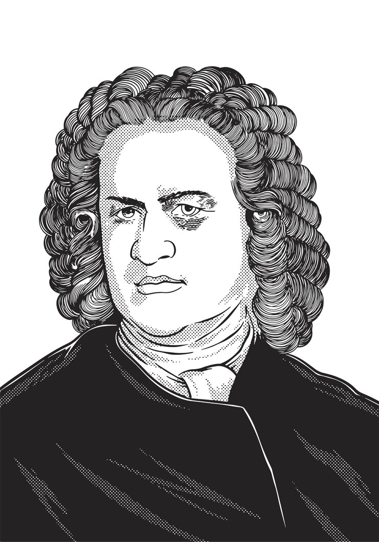Vetor johann sebastian bach (1685-1750), compositor barroco, gravura histórica em preto e branco.