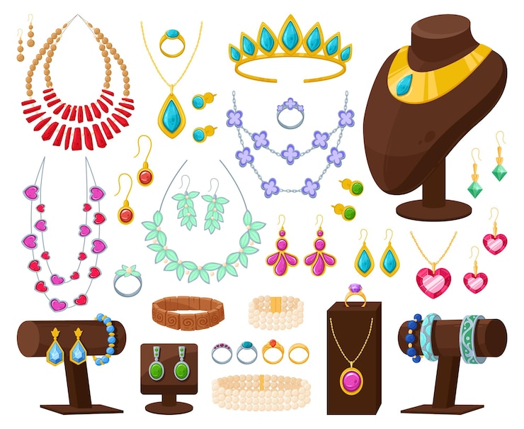 Vetor joias de desenhos animados anéis de diamante dourado colar de pérolas acessórios preciosos glamorosos joias e bijuterias conjunto de ilustração vetorial plana bela coleção de joias elegantes