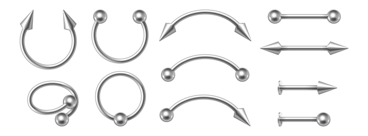 Vetor joias perfurantes. argolas para nariz de metal realistas. conjunto de acessórios de corpo de rosto de brincos 3d. cones e bolas de prata, halteres metálicos. ilustração vetorial