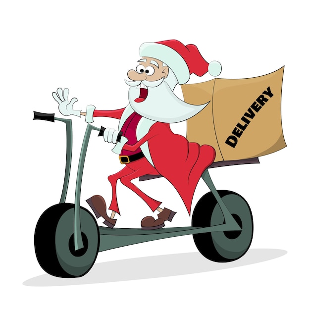 Vetor jolly papai noel entrega um pacote em uma scooter o conceito de entrega moderna rápida