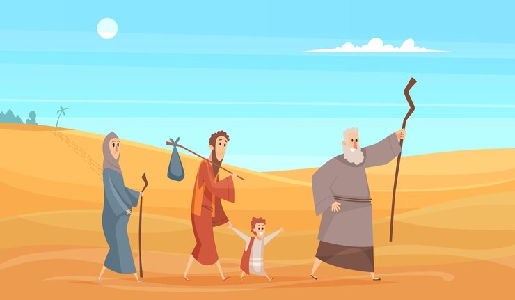 Vetor jornada de personagens da bíblia. narrativa fundo histórico pessoas sagradas indo na paisagem de sobremesa de ilustração em vetor cenário deus. lenda bíblica cristã tradicional, jornada no deserto