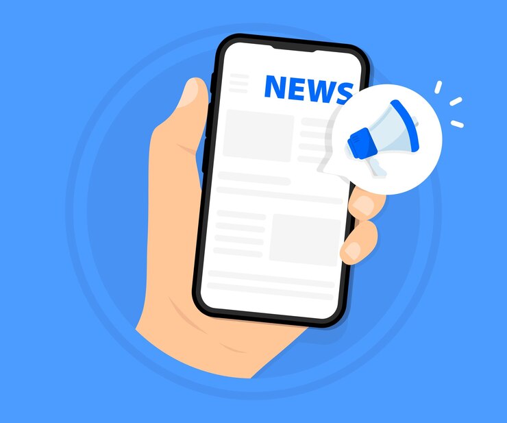 Jornal com notícias no smartphone Mão segurando o telefone e rolando o feed de notícias Notícias de última hora diárias ou semanais Informações da página da web de notícias sobre atividades de eventos Mídia mundial em seu dispositivo