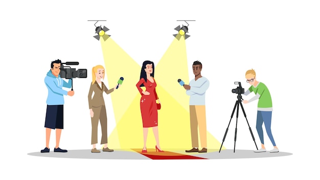 Jornalistas entrevistando estrela de cinema, ator, ilustração plana de celebridade. Paparazzi, repórteres, correspondentes isolaram personagens de desenhos animados. Meios de comunicação de massa, imprensa, indústria televisiva. Reportagem, entrevista