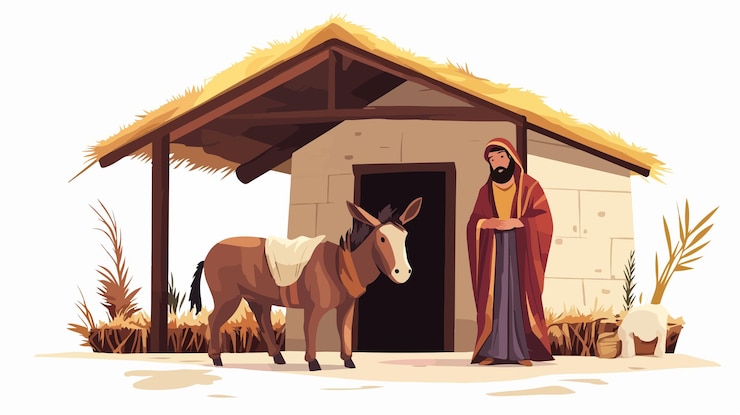 Vetor joseph e donkey nativity scene vector ilustração de natal feliz