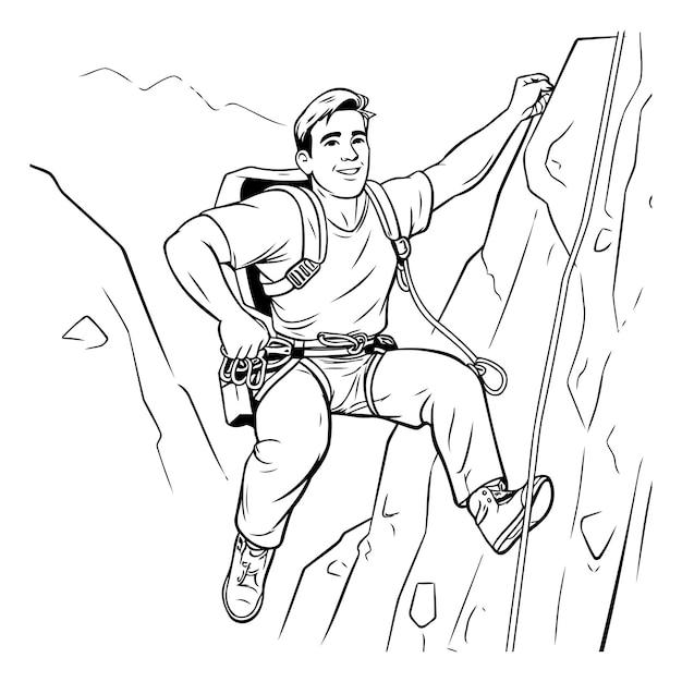Vetor jovem a escalar um penhasco ilustração vetorial em preto e branco
