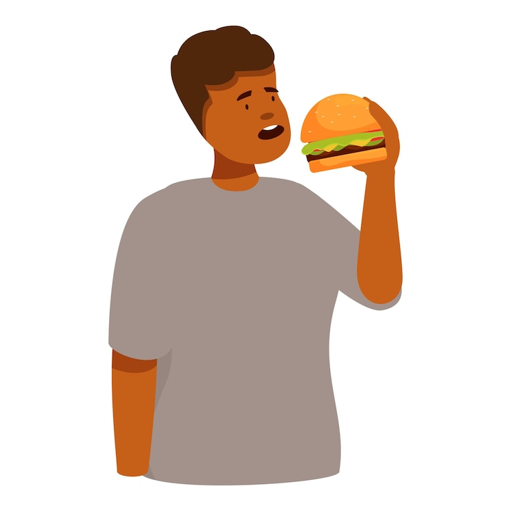 Vetor jovem a gostar de comer um hambúrguer com uma grande mordida
