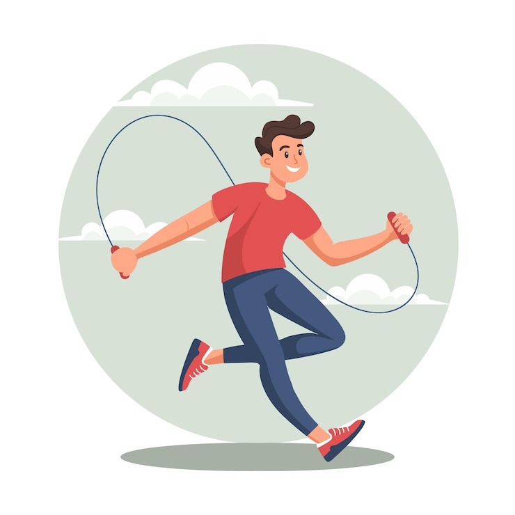 Vetor jovem a saltar corda conceito de desporto e saúde ilustração de estilo de vida