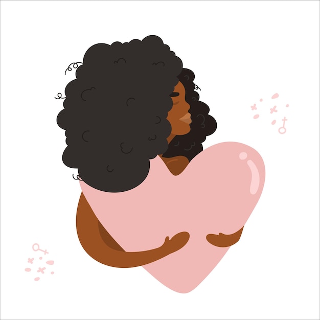 Jovem abraça um grande coração com amor e carinho. Mulher negra, cabelo encaracolado tem coração rosa nas mãos. Conceito de autocuidado. Feminismo, lute por seus direitos, conceito de poder feminino. amor próprio