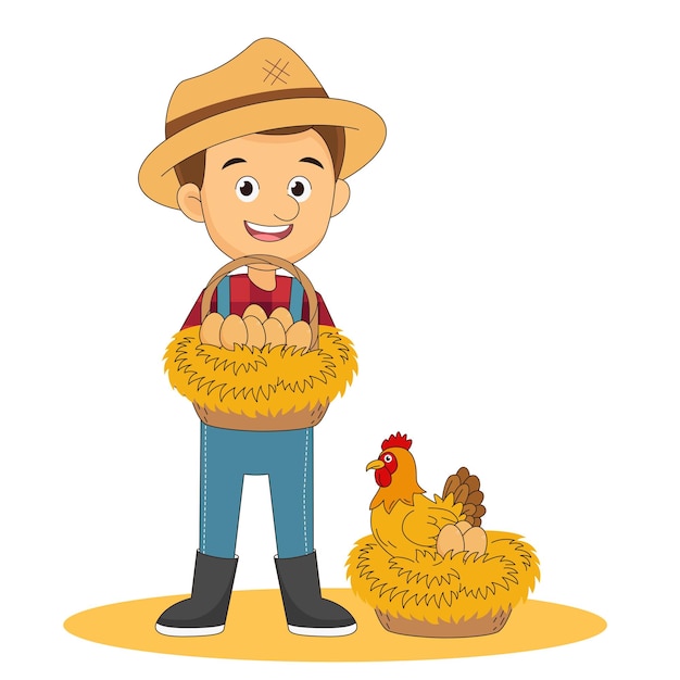 Vetor jovem agricultor com frango e ovo