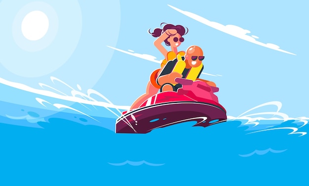 Jovem alegre com uma garota andar de scooter de água no mar em um dia ensolarado de verão. Ilustração do estilo simples de personagens sorridentes envolvidos em entretenimento e esportes ativos.