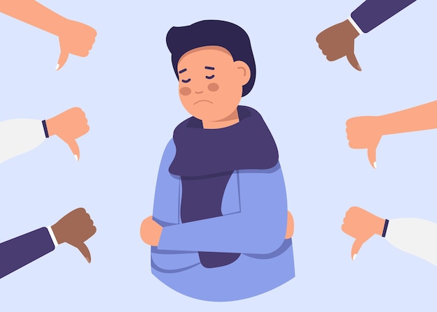 Jovem alegre está rodeado por mãos com polegares para baixo. desaprovação pública, não reconhecimento do público, opinião negativa.
