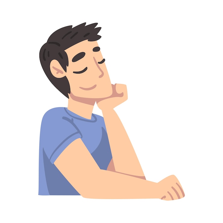 Vetor jovem alegre pensando em uma ideia homem relaxando e sonhando com algo ilustração vetorial de estilo desenho animado