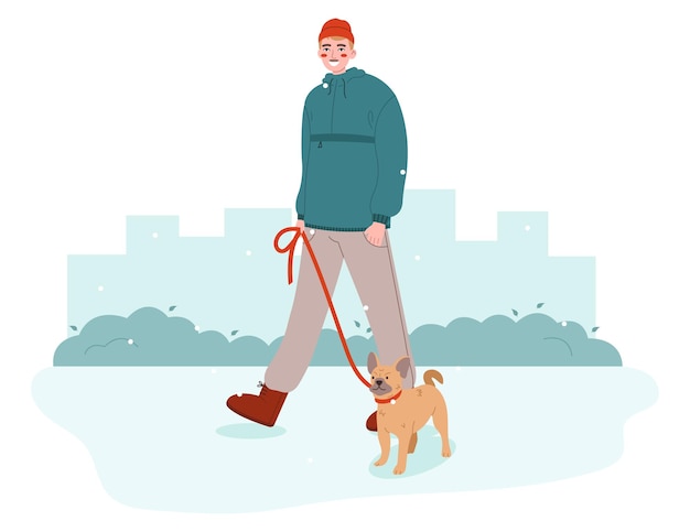 Vetor jovem andando com cachorro. dono de animal de estimação passeando com seu cachorro na coleira.