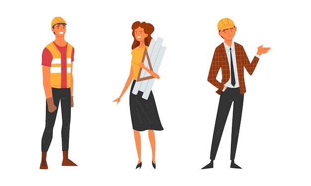 Jovem Arquiteto e Engenheiro Trabalhador em Hard Hat de pé com Draft e Blueprint Vector Set