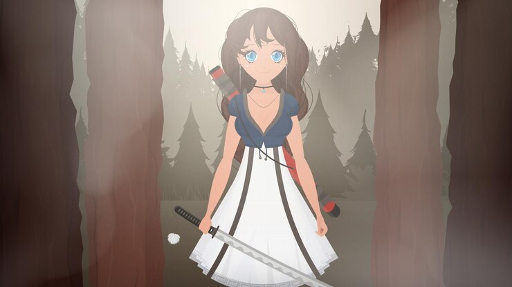 Vetor jovem asiática em um vestido branco com uma espada japonesa ela tem longos cabelos castanhos e olhos azuis árvores verdes ao fundo