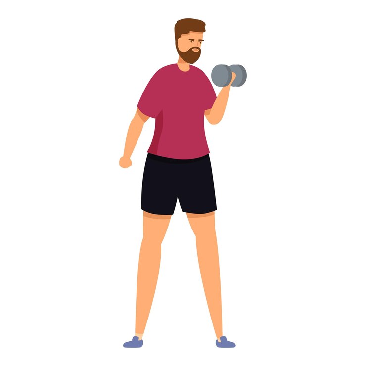 Vetor jovem atleta levantando halteres exercitando bíceps