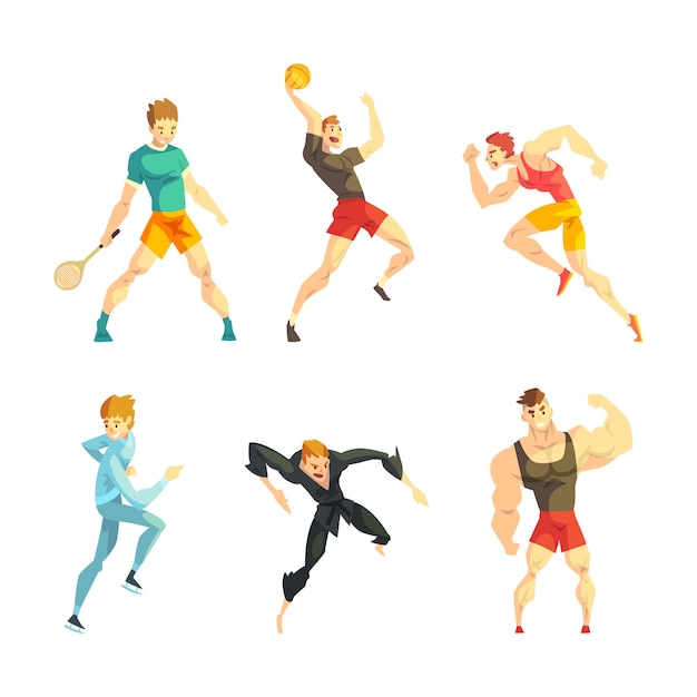 Jovem atleta praticando esportes diferentes Atividade física Treinamento Set de vetores corporais