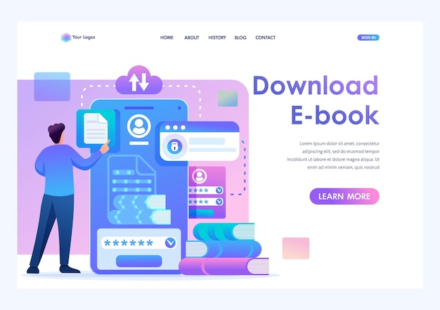 Jovem baixa ebooks para seu smartphone conceitos de página de destino de personagem 2d plano e design da web