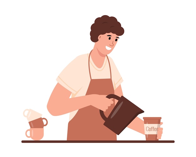Jovem barista fazendo café Personagem masculino trabalhando em cafeteria Pequenas empresas