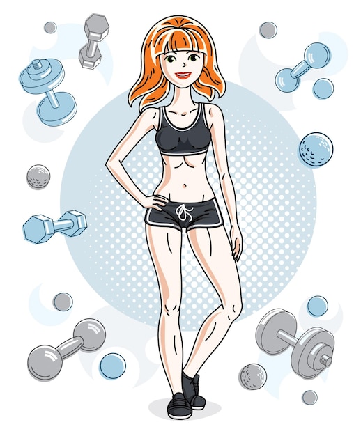 Jovem bela ruiva atlética posando em fundo simples com halteres e halteres. Ilustração em vetor de mulher atraente. Desenho animado de tema de estilo de vida ativo e saudável.