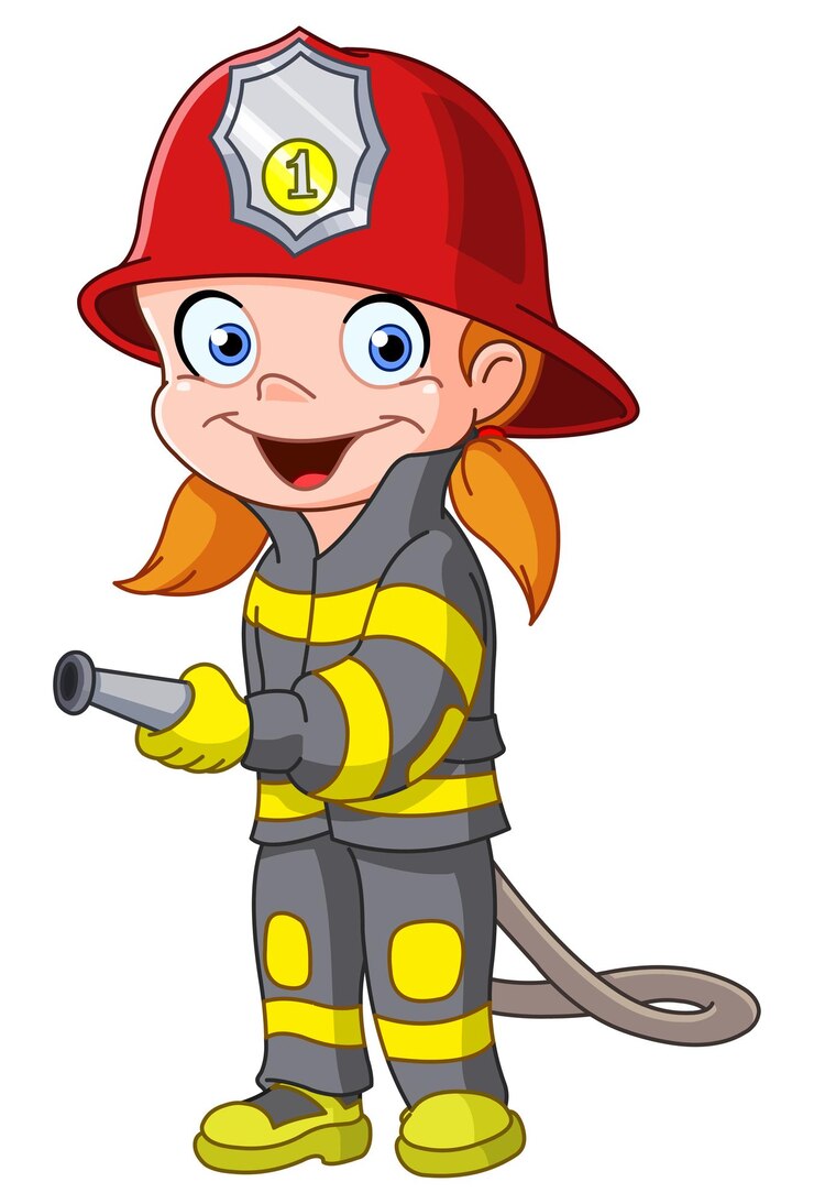 Vetor jovem bombeira feliz usando uma foz de fogo
