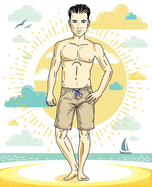 Vetor jovem bonito de pé na praia tropical em calções brilhantes. ilustração masculina atlética vetorial. desenho animado sobre o estilo de vida das férias de verão.