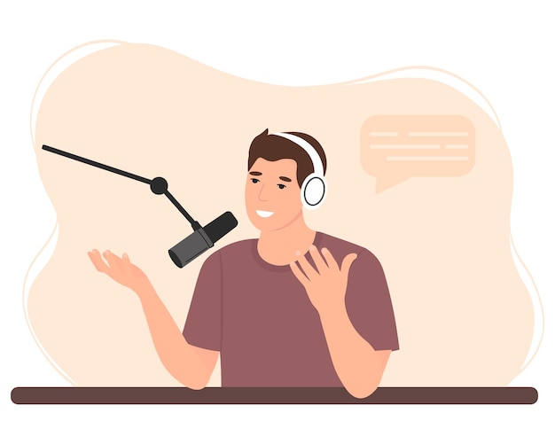 Jovem bonito dos desenhos animados em fones de ouvido falando e gravando podcast online com microfone conceito de podcast