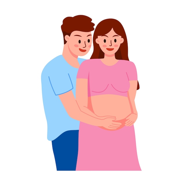 Jovem bonito e sua linda esposa grávida estão abraçando e sorrindo