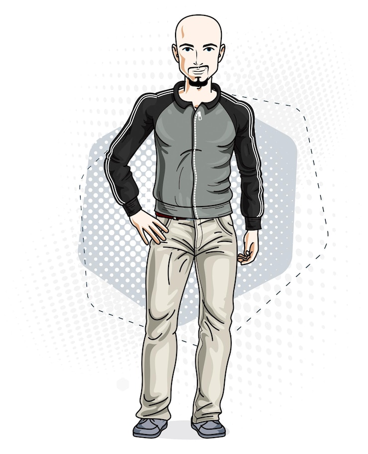 Vetor jovem bonito sem pêlos posa em fundo moderno. ilustração em vetor de macho com barba e bigode. clipart de tema de estilo de vida.