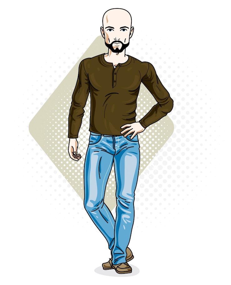 Vetor jovem bonito sem pêlos posa em fundo moderno. ilustração em vetor de macho com barba e bigode. clipart de tema de estilo de vida.