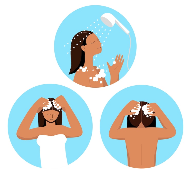 Jovem bronzeada lavando a cabeça com xampu e espuma no conjunto de toalhas Ilustração vetorial plana