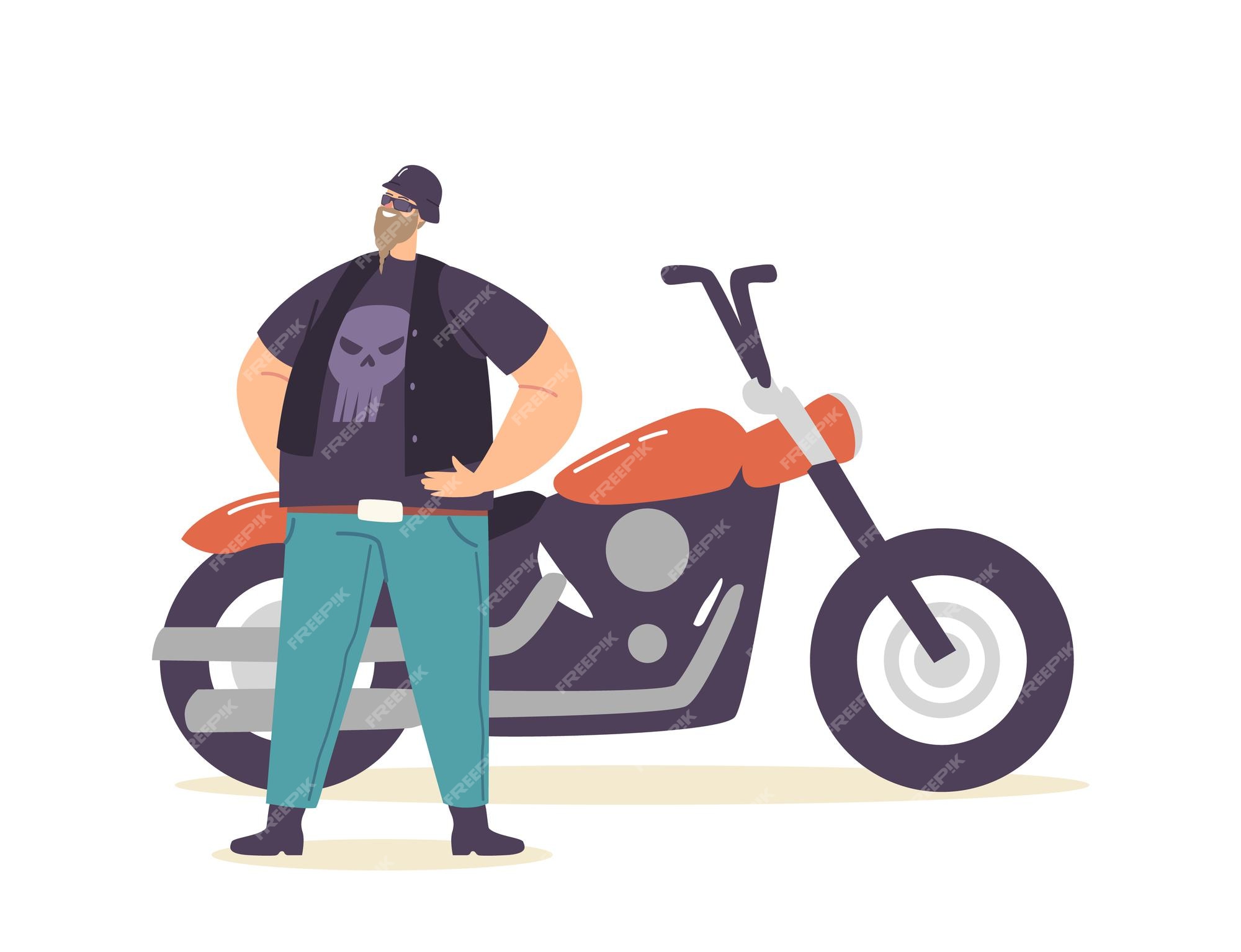 Jovem brutal motoqueiro em roupas de couro com estampa de crânio usando  capacete e óculos ficar na motocicleta personalizada, personagem de  motociclista hippie barbudo aproveitar a vida. ilustração em vetor desenho  animado