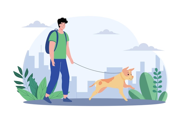 Jovem caminhando com um cachorro fofo
