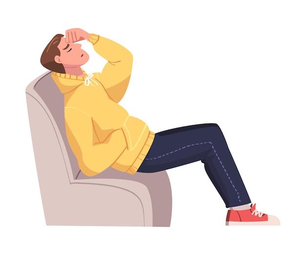 Jovem cansado sentado em uma poltrona coçando a testa Ilustração vetorial