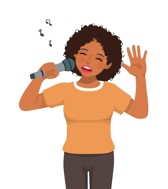 Jovem cantora africana cantando uma canção com um microfone