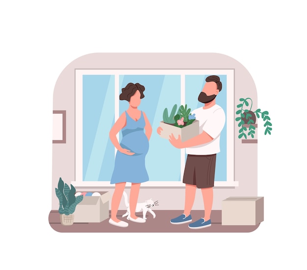 Jovem casal a plantar flores 2d banner web, poster. marido ajudando a esposa grávida com personagens planos de jardinagem interna no fundo dos desenhos animados. patch para impressão, elemento colorido da web