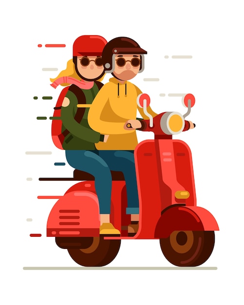 Jovem casal andando moto scooter vermelho