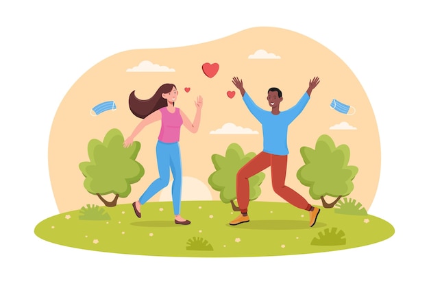 Jovem casal apaixonado está correndo no parque juntos conceito de encontro romântico com atividade ao ar livre homem