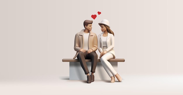Jovem casal apaixonado homem e mulher sentados no banco 3d romance encontros pessoas relações para o dia de são valentim celebração conceitos eventos vetor