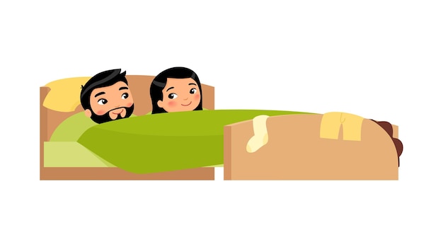 Jovem casal asiático sorrindo na cama As roupas estão espalhadas. Homem e mulher satisfeitos. Casados felizes