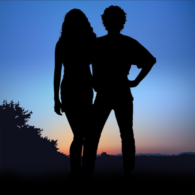 Vetor jovem casal atraente com silhueta ao pôr do sol